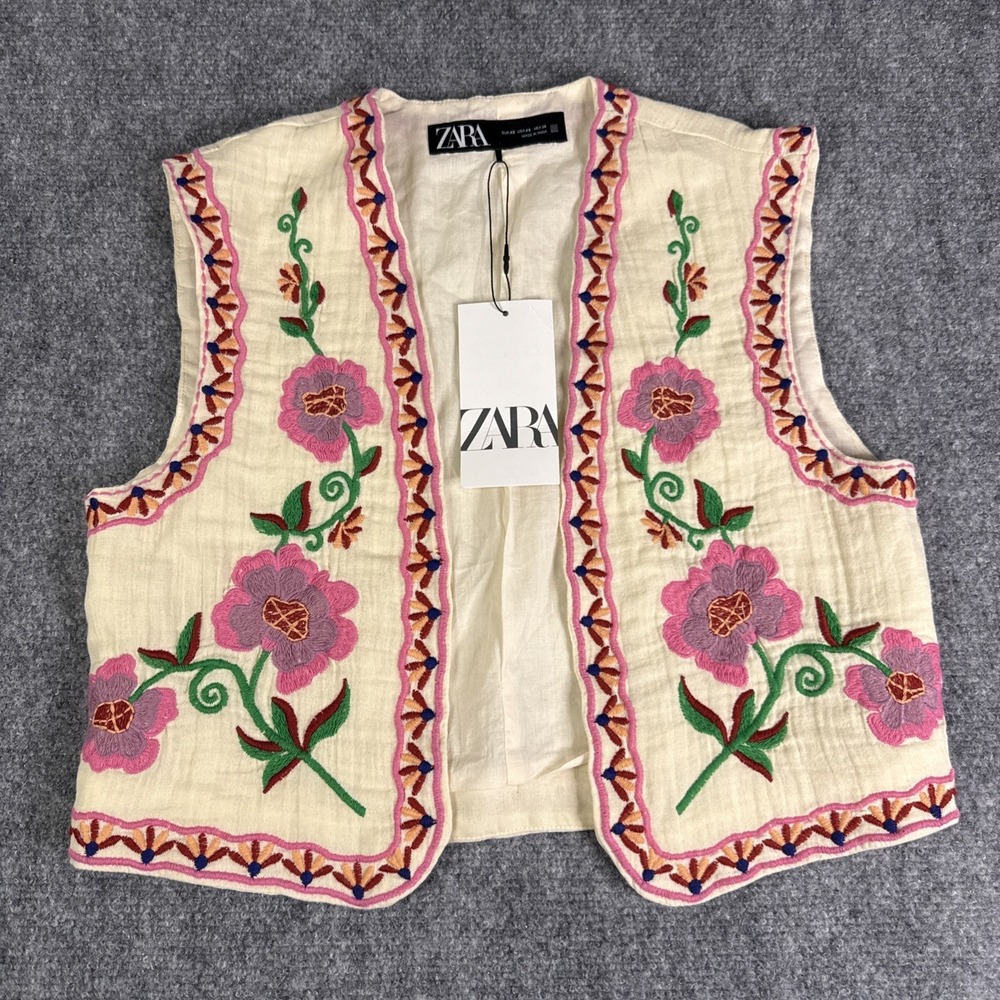 ZARA Floral Embroidered Open Front Lined Cotton Vest Ecru Pink Purple XS 6895